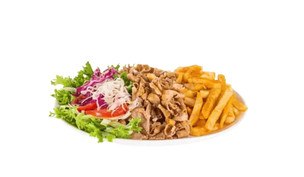 Assiette Kebab avec frites, salade, tomates et oignons